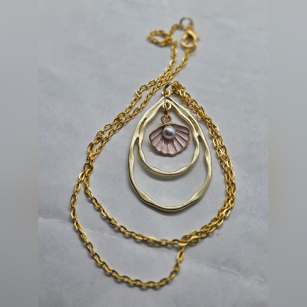 Gold-Tone Layered Hoop Necklace with Pink Shell and Pearl Accent